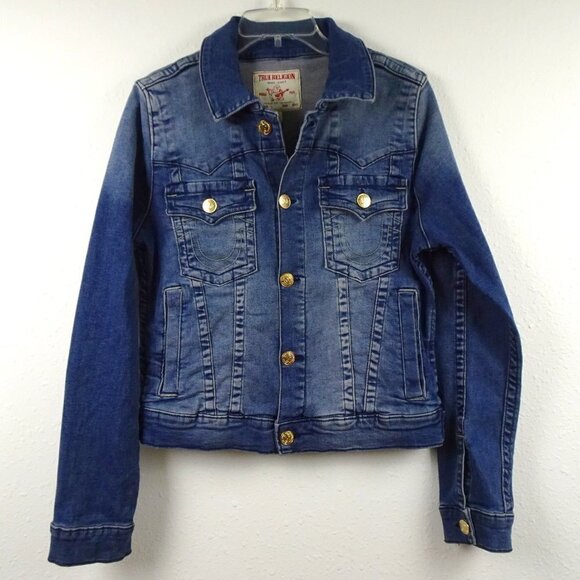 True Religion Jimmy Trucker Jacket Women's Size L Blue Denim Slim Western - Picture 1 of 8